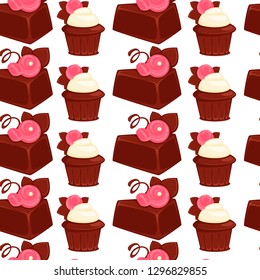 Bakery and cakes baked culinary products seamless pattern vector. Chocolate ingredients and topping, lollipop and cakes, candies with stuffing vanilla flour. Strawberry taste sweet food dessert