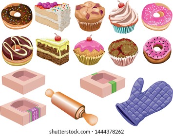 Bakery cakes, packaging boxes, cakes and powdered flour and gloves