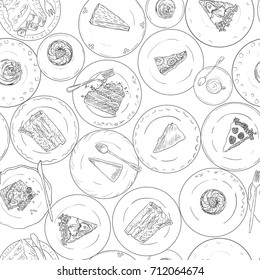 Bakery, Cakes, pastries linear seamless pattern. Sweet elements background, cafe shop. Hand drawn vintage wallpaper. Backdrop dessert on plate