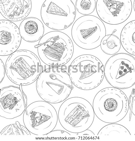Bakery Cakes Pastries Linear Seamless Pattern Stock Vector Royalty
