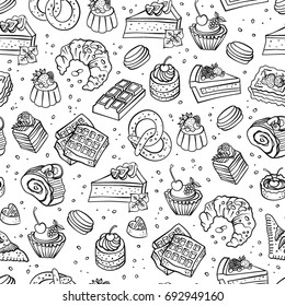 Bakery, cakes,dessert, pastries linear pattern. Hand drawn vector illustration of goodies, sweets, cakes and pastries. Design elements for confectionery and bakery shops.