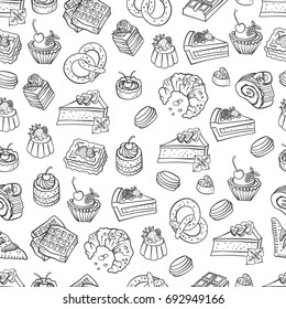 Panadería, pasteles, postres, pastelería lineal. Dibujo manual vectorial de golosinas, dulces, pasteles y pasteles. Elementos de diseño para pastelería y pastelería.