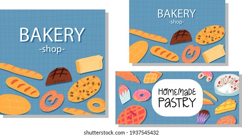 Bakery calling card, advertising banner, flyer templates set.Various traditional American cuisine,Italian and Belgian, German, Spanish sweet pastry and desserts, bread on checked tablecloth background