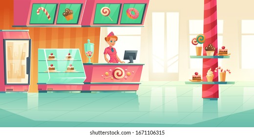 Bakery and candy shop interior with cashier behind bar counter. Vector cartoon illustration of cafe with cakes, lollipop and chocolate cookies on showcase and shelves