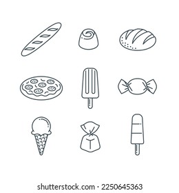 Bakery or candy shop products outline icons. Baguette, round bread, pizza, chocolate candy, wrapped sweets, scoop of ice cream in waffle cone, ice popsicle. Simple thin line pictograms for bakehouse