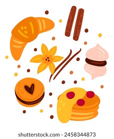 Bakery card. Tasty confectionery. Pastry baking. Sweet cake or cookie. Food products. Culinary spice. Cinnamon and vanilla. Meringue or pancake. Chocolate biscuit. Vector