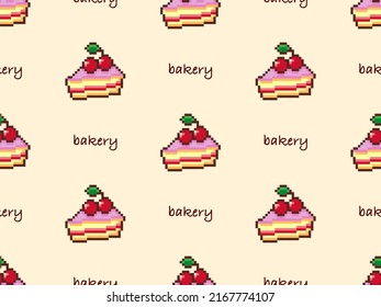Bakery cartoon character seamless pattern on yellow background. Pixel style