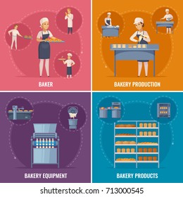Bakery cartoon design concept with professional equipment, factory workers, bread production, flour products isolated vector illustration 