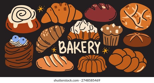 Bakery cartoon elements with various pastries, bread, croissants, muffins in doodle groovy style. French pastries for bakery menu design, stickers, labels, badges. Vector food illustration