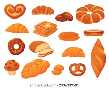 Juego de dibujos animados para panaderías, rollo de pan y canela, muffin y bagel. Pastel y ciabatta, pan aislado, croissant y bollo, hoy en día vector clipart