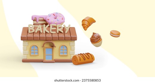 Bäckerei im Cartoon-Stil. 3D-Gebäude, Croissant, Cupcake, Donut, Schweizer Roll, Cookie. Süßes Gebäck mit Creme und Glasur. Farbiges kreatives Konzept für Webdesign