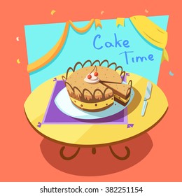 Bakery cartoon with sweet holiday layered cake on table retro style vector illustration