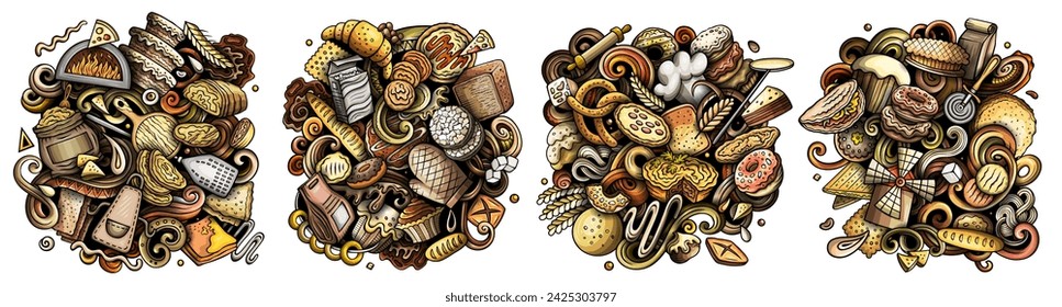 Bakery cartoon vector doodle designs set. Colorful detailed banner with lot of baked goods objects and symbols compositions.