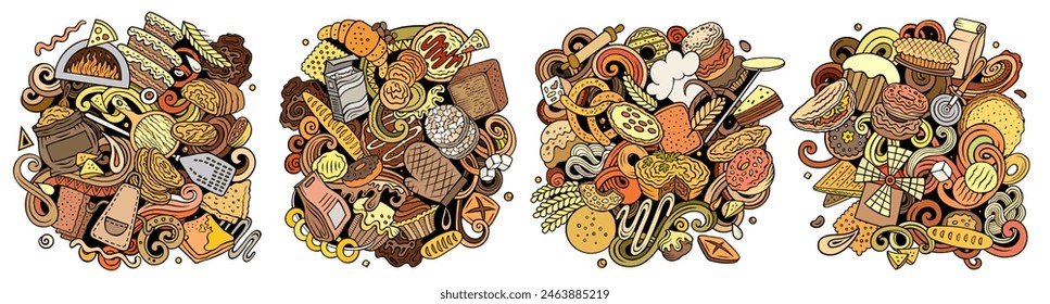 Bakery cartoon vector doodle designs set. Colorful detailed banner with lot of baked goods objects and symbols compositions.