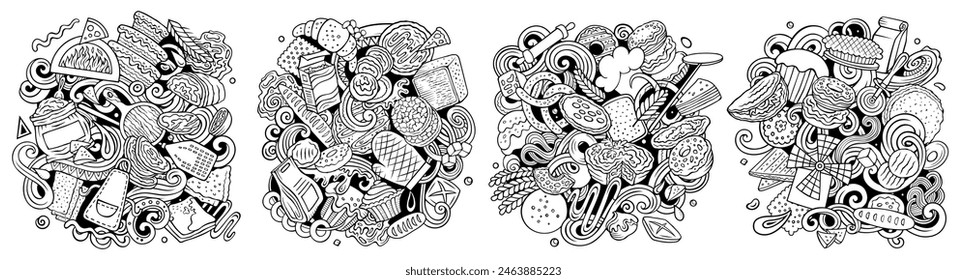 Bakery cartoon vector doodle designs set. Sketchy detailed banner with lot of baked goods objects and symbols compositions.