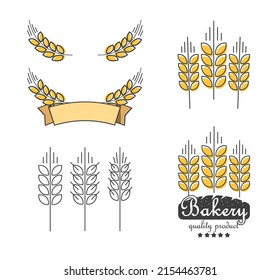 Bakery-Müslibänder-Logo, Vektorset oder Ohrweizenbrot-Bakeshop-Element-Design einzeln auf weißem Umriss-Kunst-Clip-Art, Getreideernte oder Gerste Wracks leere Symbol