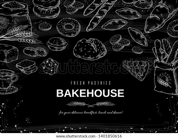 ベーカリーのチョーク背景 黒板のパンとケーキのバナー 手描きのクッキー パイのデザインテンプレート 黒い背景にベクターイラストベーカリーとデザート のベクター画像素材 ロイヤリティフリー