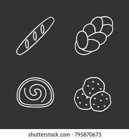 Bakery chalk icons set. Baguette, challah, swiss roll, chocolate chips. Isolated vector chalkboard illustrations