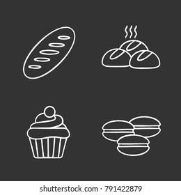 Bakery chalk icons set. Bread loaf, dinner rolls, cupcake, macarons. Isolated vector chalkboard illustrations