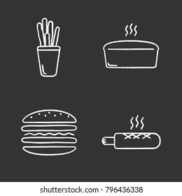 Bakery chalk icons set. Grissini, brick bread loaf, burger, french hot dog. Isolated vector chalkboard illustrations