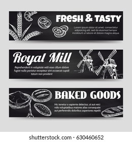 Bakery chalkboard horizontal banners template set. Vector illustration