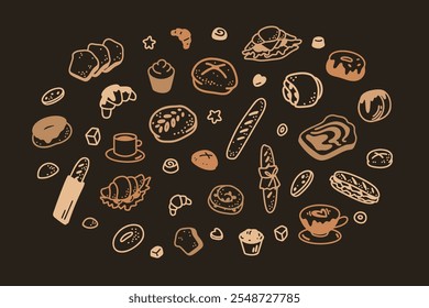 Bakery chalkboard. Pastry, bread, sandwich in doodle stile. Cute line food elements. Minimalist icons for restaurant, cafe, patisserie, bakery, confectionary, coffeeshop menu