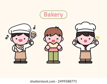 Ilustración de color de personajes de panadería.
Ilustración a color de tres personajes lindos que trabajan en una panadería.