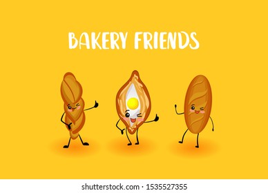 Bakery characters. Food made from flour. Bread and loaf.