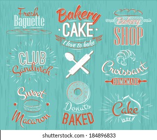 Bakery characters in retro style lettering donuts, croissants, macaron