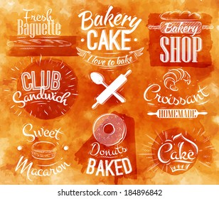 Bakery characters in retro style lettering donuts, croissants, macaron, stylized in watercolor background
