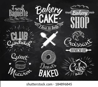 Bakery characters in retro style lettering donuts, croissants, macaron, stylized drawing with chalk on blackboard