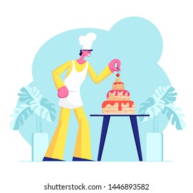 Bakery Chef Character in Uniform and Cap Cook Festive Cake Decorating with Cream and Berries. Dessert for Birthday or Wedding. Cartoon Flat Vector Illustration, Banner