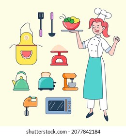 Bakery chef cook with his kitchen tools such as such as Apron, Turner, Ladle, Scale, Kettle, Toaster, Egg Beater, Blender, Oven, Microwave, Vegetable, Flour, Bread, Hat