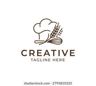 Bakery chef hat bread wheat logo, minimal baking branding, artisan bakery identity, clean food emblem, modern monoline concept.