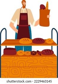 Bakery chef male character stand own bread market, man bakehouse kitchener hold fresh pastry product isolated on white, flat vector illustration.