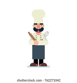 Bakery Chef with rolling pin and whip in his arms.