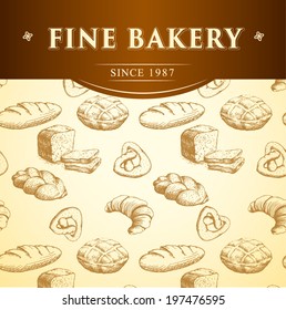bakery chef.  seamless background pattern. labels pack for bread, baguette, loaf, cake, baked, croissant,bun