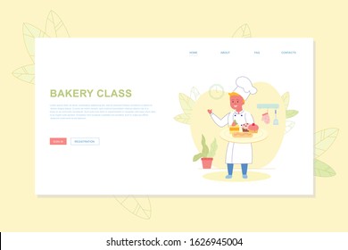 Bakery Class for Kids Flat Landing Page Design. Cartoon Happy Smiling Boy Cook Chef Standing and Holding Tray Full of Baked Sweets. Culinary Hobby. Education Cooking Class. Vector Illustration