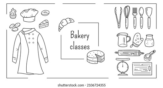 Bakery classes or courses banner background. Chef uniform, pastries, desserts and kitchen utensils. Hand drawn vector doodle illustration. 