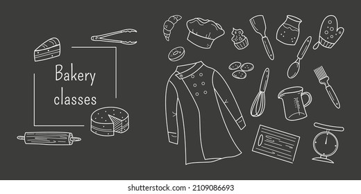 Bakery classes and courses banner background. Chef uniform, pastries, desserts and kitchen cooking utensils. Hand drawn vector doodle illustration. 