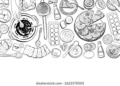 Bakery classes and courses banner background for your text. Vector illustration in doodle hand drawn style for baking school web site header, advertising of culinary master classes, invitations