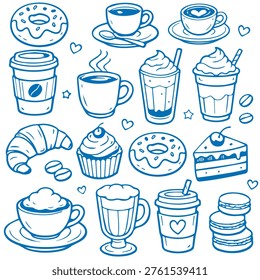 Bakery coffee and dessert set doodle collection with cups pastries and sweets illustration