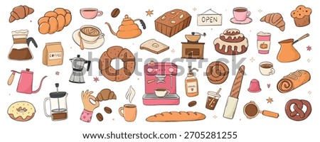 Bakery and coffee doodles collection with baked bread, croissants, donuts and coffee cups, beans, coffee makers and machines. EPS 10