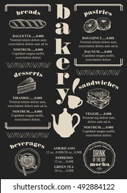 Bakery coffee menu placemat food restaurant brochure; cafe template design. Vintage creative bread flyer with hand-drawn graphic.