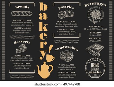 Bakery coffee menu placemat food restaurant brochure; cafe template design. Vintage creative bread flyer with hand-drawn graphic.