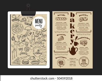 Bakery coffee menu placemat food restaurant brochure; cafe template design. Vintage creative bread flyer with hand-drawn graphic.