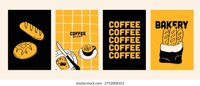 Bakery and coffee poster set featuring bread, baguette, latte and pastry illustrations with bold typography. Modern cafe vector prints for bakery shop decor and breakfast menu design.