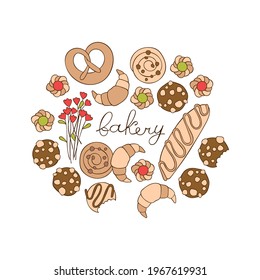 Bakery. Coffee pot and coffee cup. Flowers. Baking: croissant, bun, cookies. Lettering poster. Isolated vector object on white background. Cartoon food print.