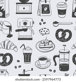 Bakery and Coffee seamless pattern. For cover design, food package, menu, wall, coffee shop. Vector illustration