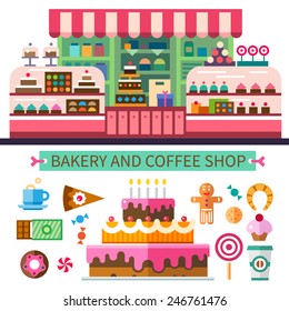 Bakery And Coffee Shop. Cafe Interior. Cakes, Candy, Cookies, Sweets, Coffee. Vector Flat Illustrations